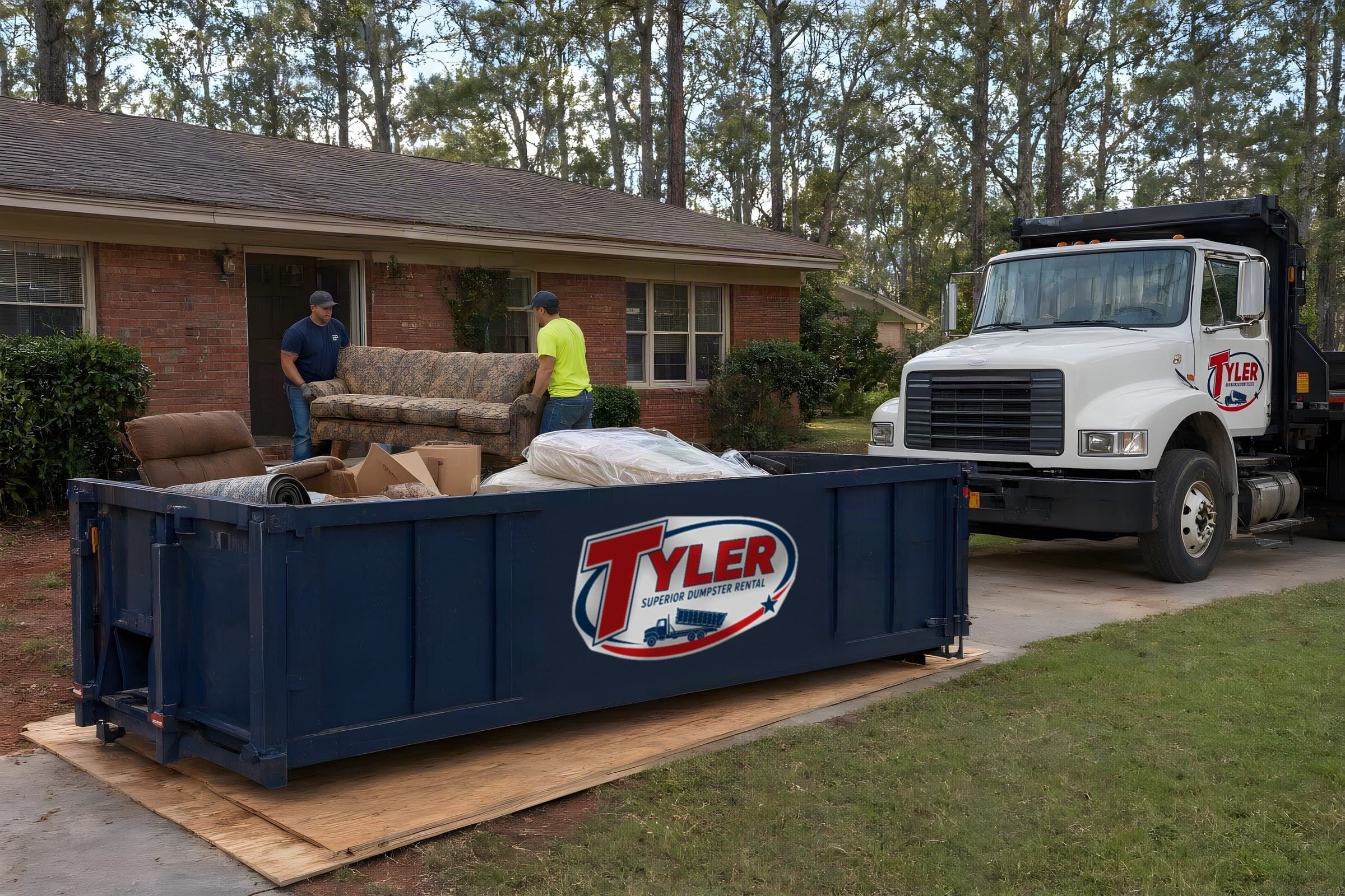 Two workers carrying an old couch to a navy 30 yard dumpster on boards in a driveway