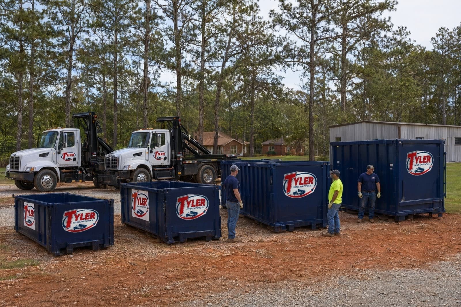 Two white roll-off trucks and navy 15 to 40 yard dumpsters lined up in a gravel yard under pines