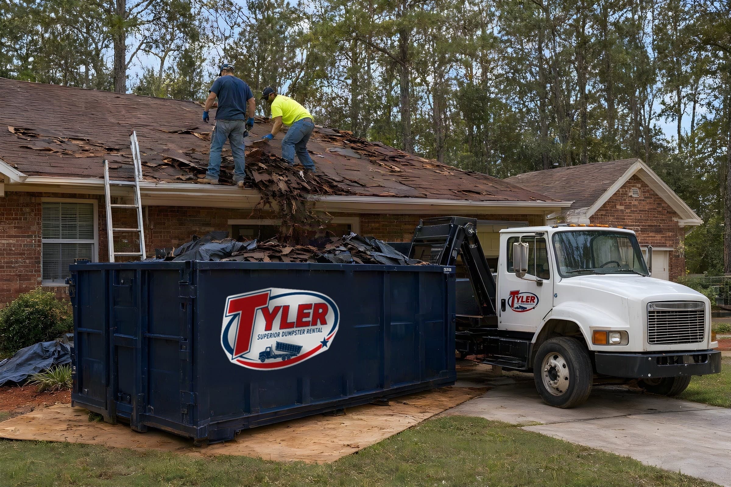 Roofers dropping torn-off shingles into a navy roll-off dumpster beside a brick ranch house